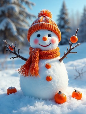 Snowman with orange hat and scarf