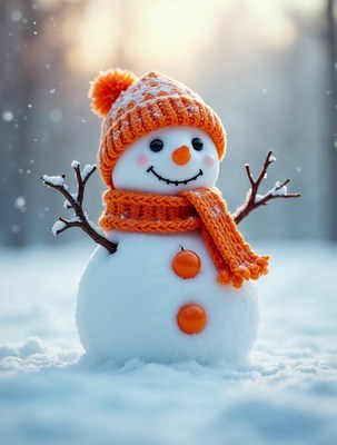 Snowman with orange hat and scarf