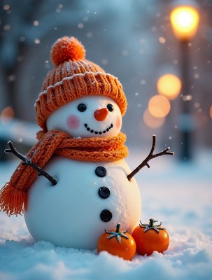 Snowman with orange hat and scarf