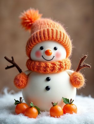 Cute Snowman Wearing Orange Knit Hat