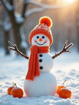 Snowman with orange hat and scarf