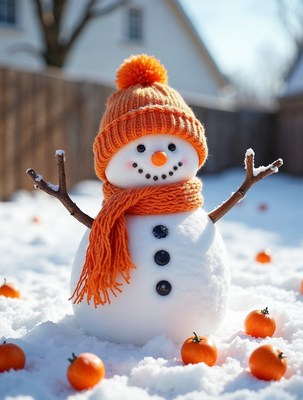 Snowman with orange hat and scarf
