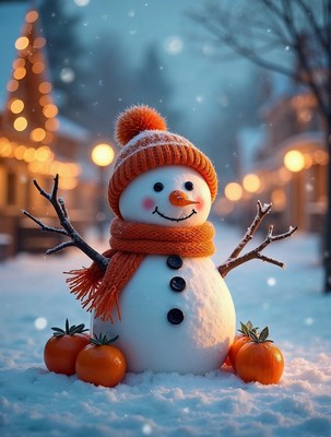 Snowman with orange scarf and pumpkins