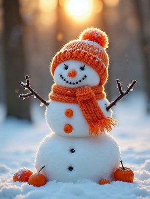 Snowman with orange hat and scarf