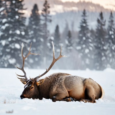 Bull elk lying in snowy forest