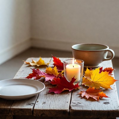 Autumn leaves with candle and mug