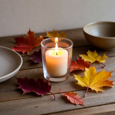 Lit Candle with Autumn Leaves