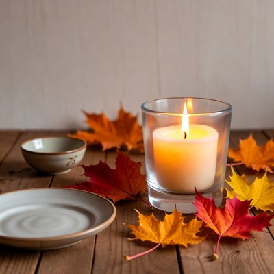 Lit Candle with Autumn Leaves