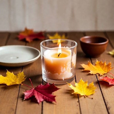 Lit Candle with Autumn Leaves