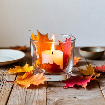 Candle in Glass with Autumn Leaves