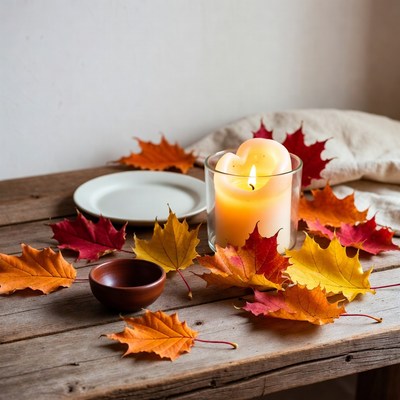Fall Leaves with Candle on Wooden Table