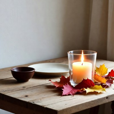 Candle with autumn leaves on table