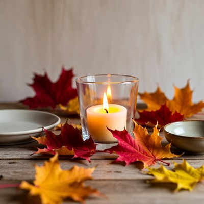 Lit Candle with Autumn Leaves
