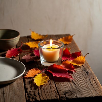 Lit Candle with Autumn Leaves