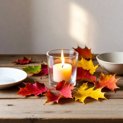 Lit Candle with Autumn Leaves