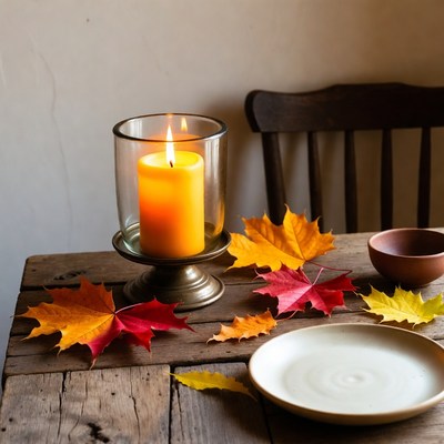 Autumn Candle with Leaves on Table