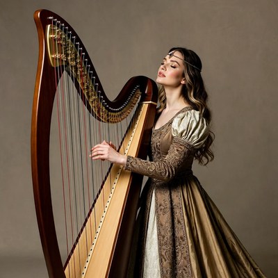 Woman playing harp in Renaissance gown