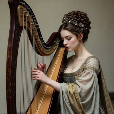Woman playing harp in gown