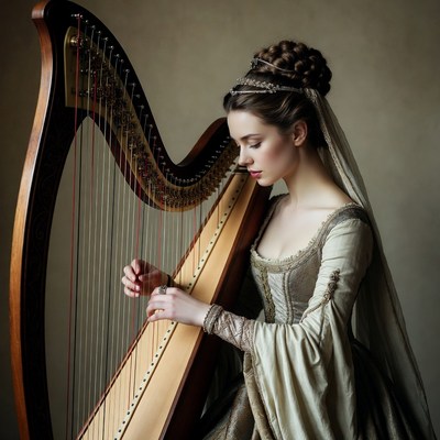 Woman playing harp in gown