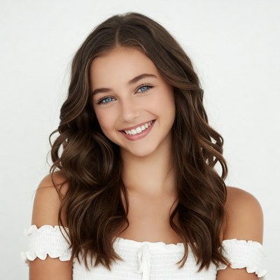 Smiling girl with brown wavy hair