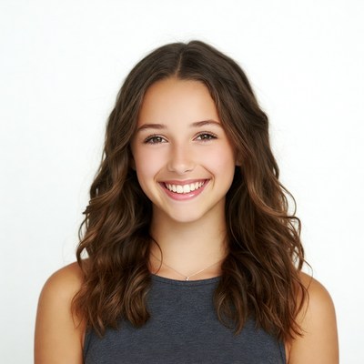 Smiling teenage girl with wavy brown hair