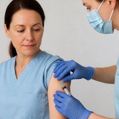 Nurse administering vaccine to woman