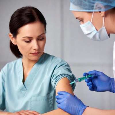 Nurse administering vaccine to woman
