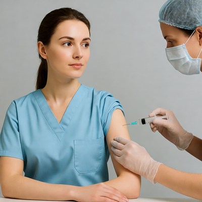 Nurse vaccinating woman in scrubs