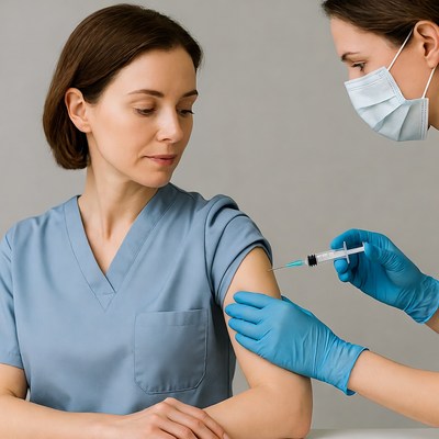Nurse administering vaccine to woman