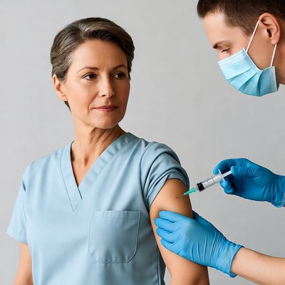 Nurse administering vaccine to woman