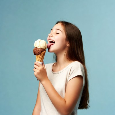 Girl licking vanilla chocolate ice cream cone