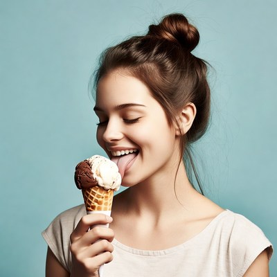 Young woman licking ice cream cone