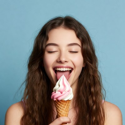 Young woman eating pink ice cream cone