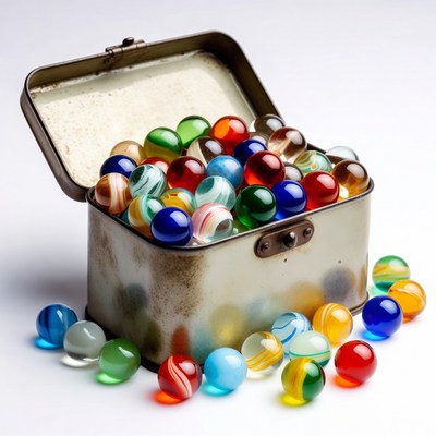 Colorful Marbles in Open Tin Box
