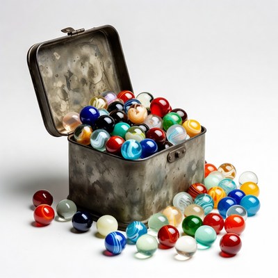 Open metal tin overflowing with colorful marbles