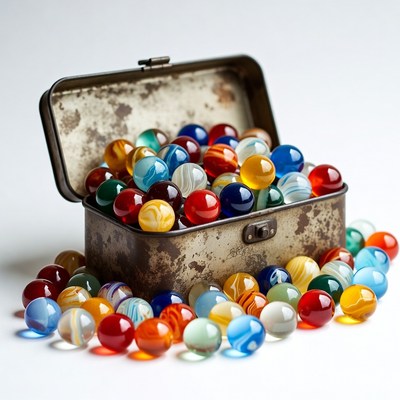 Colorful Marbles in Open Rusty Tin Box