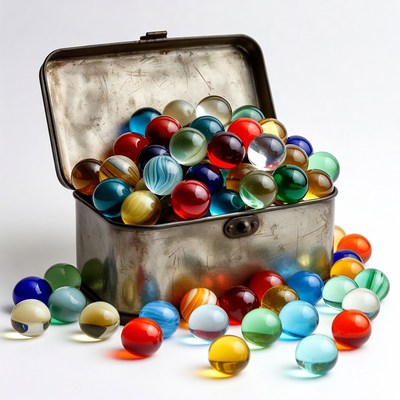 Colorful Marbles in Open Tin Box