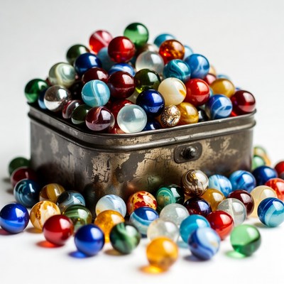 Colorful Marbles in Rustic Tin Box