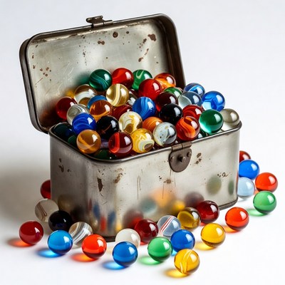 Open Rusty Tin Box of Colorful Marbles