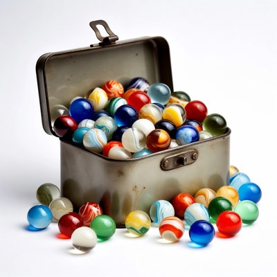 Colorful Marbles in Open Metal Box
