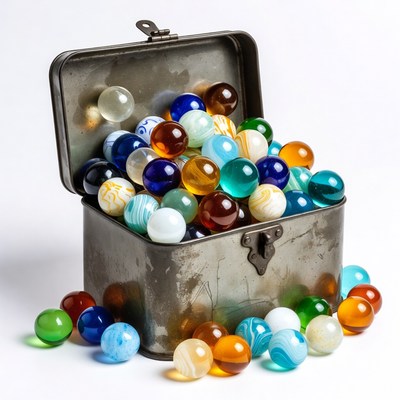 Open tin box overflowing with colorful marbles