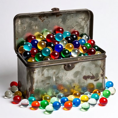 Colorful Marbles in Rusty Metal Box