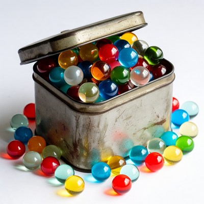 Open tin box of colorful marbles