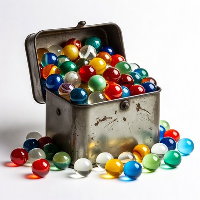 Colorful Marbles in Open Tin Box