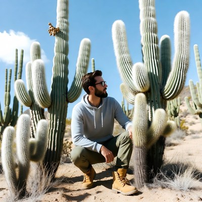 Man kneeling among saguaro cacti