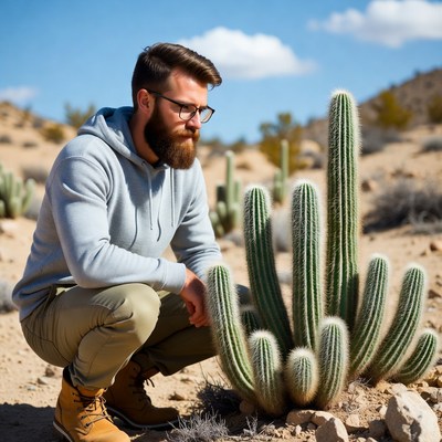 Man examining cactus in desert