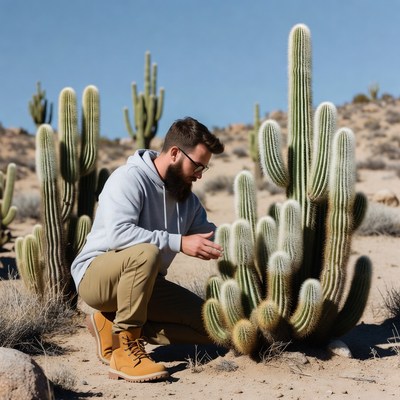 Man examining cactus in desert