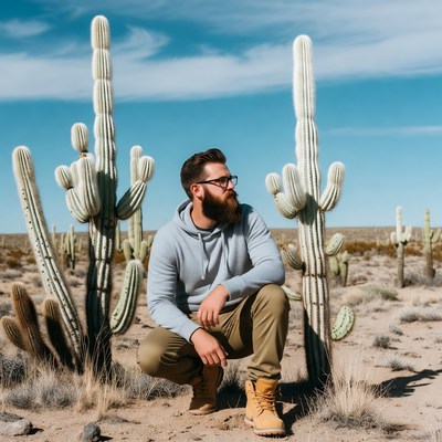 Bearded man crouching among cacti