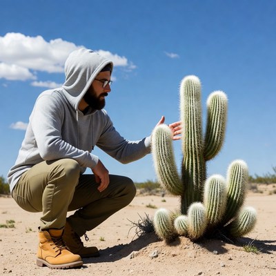 Man touching white cactus in desert