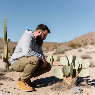 Man crouching by prickly pear cactus